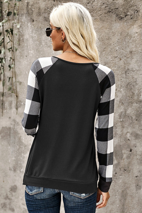 Plaid Splicing Sequined Pocket Long Sleeve Top